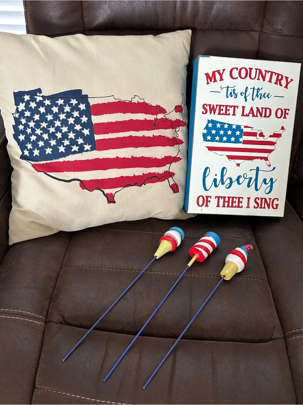 Patriotic USA Map Throw Pillow - Red, White & Blue Wall Hanging and Garden Stake
